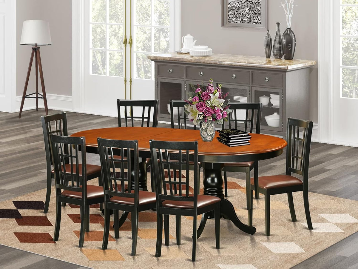 East West Furniture PLNI9-BCH-LC 9 Piece Dining Room Table Set Includes an Oval Wooden Table with Butterfly Leaf and 8 Faux Leather Kitchen Dining Chairs, 42x78 Inch, Black & Cherry