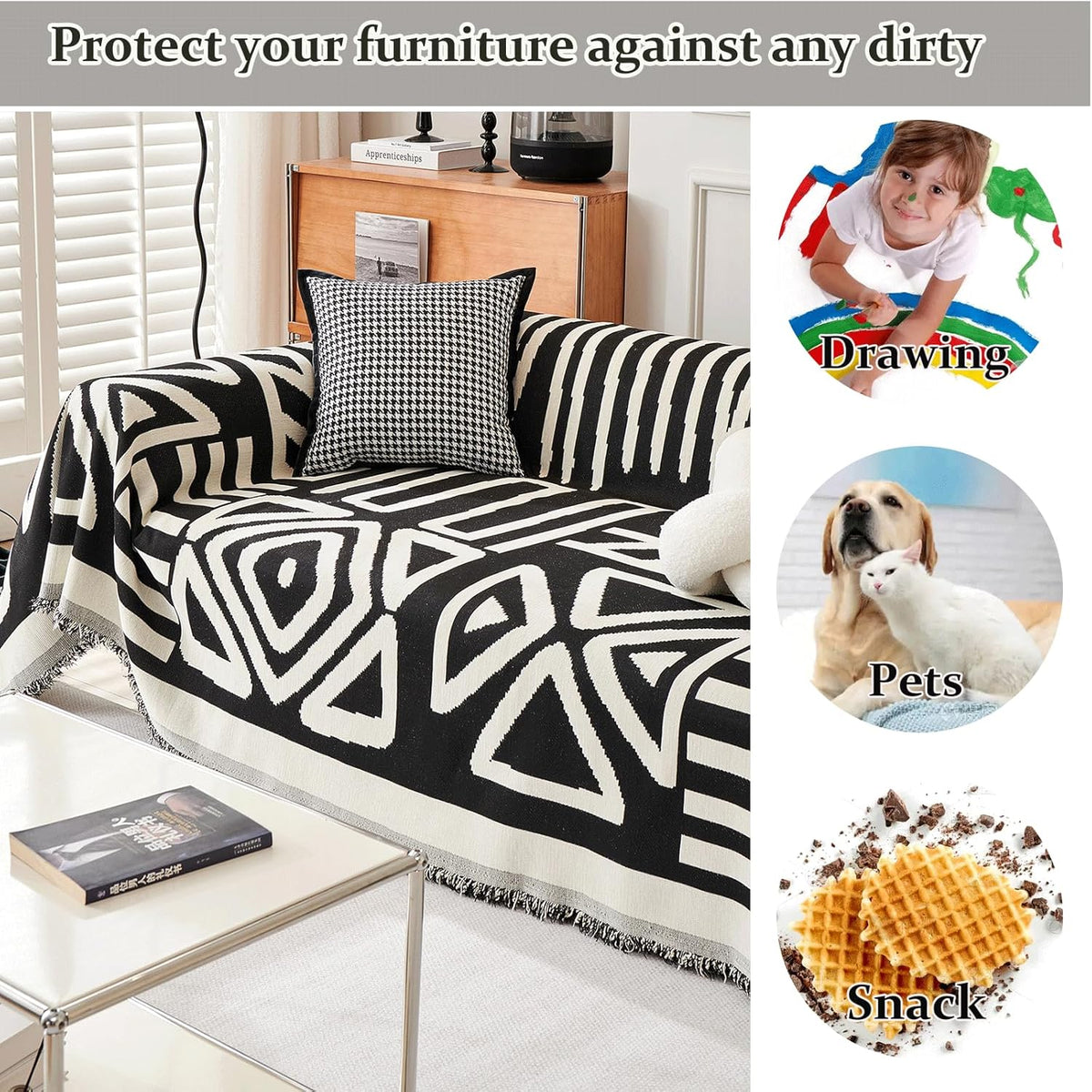 VM VOUGEMARKET Geometric Couch Cover for 3 Cushion Boho Chenille Sofa Cover Dog Proof Universal Sofa Slipcover L Shaped Furniture Cover with Tassels Sectional Couch Cover-71 x 134,Black
