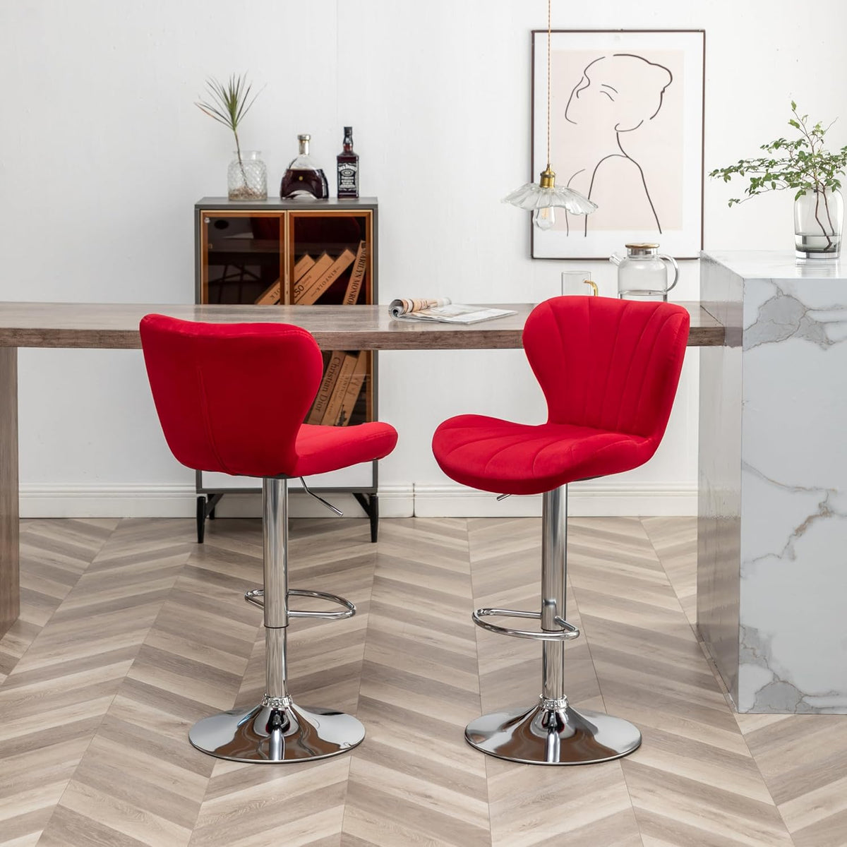 Roundhill Furniture Ellston Velvet Adjustable Swivel Barstools in Red, Set of 2