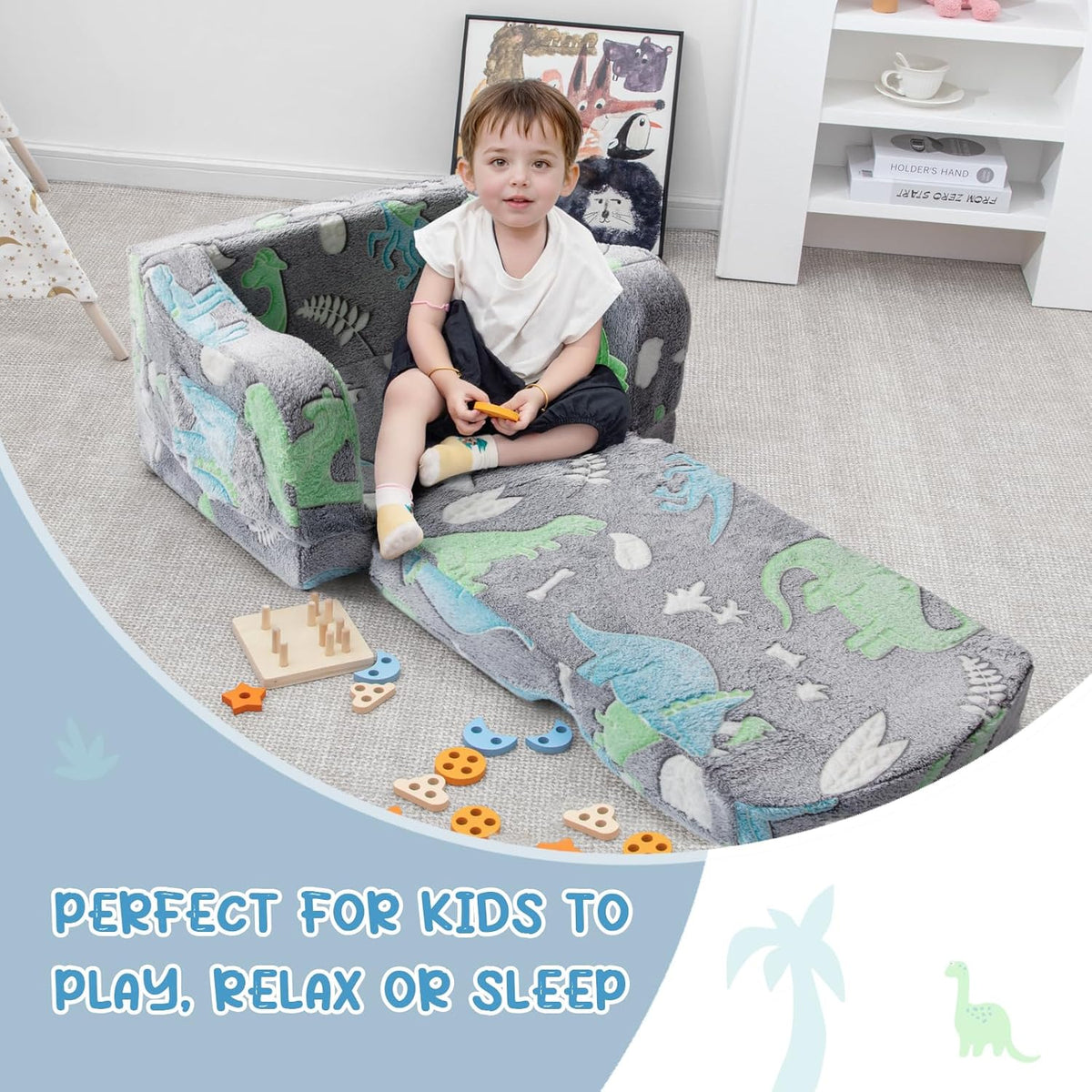Comfy Toddler Chair and Couch for Kids with Blanket,2-in-1 Soft Plush Fold Out Toddler Couch for Girls and Boys,Convertible Sofa to Lounger for Playroom,Gray Dinosaur