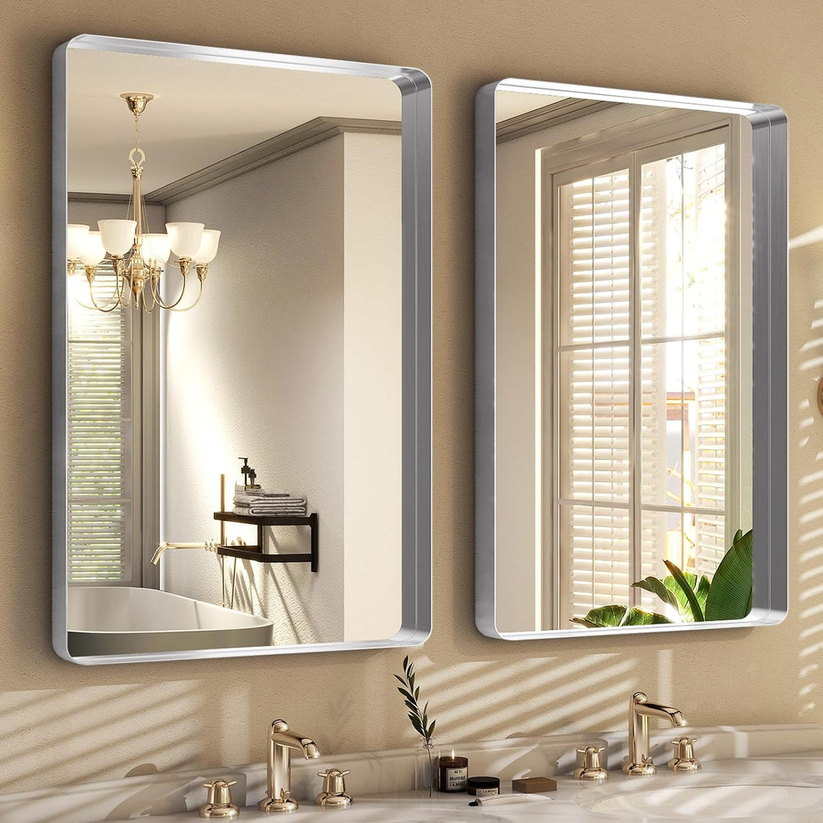 Silver Bathroom Mirror for Wall, 36x24 Inch Rectangular Aluminum Alloy Framed Mirror, Modern Wall Mounted Vanity Mirror for Bathroom, Vertical or Horizontal