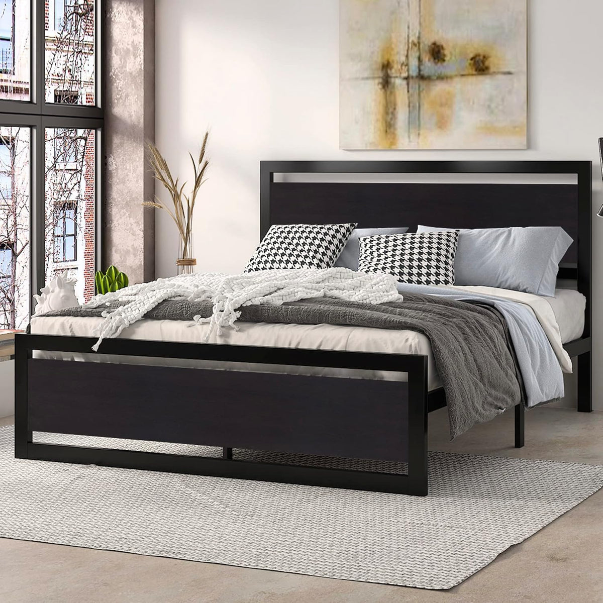 SHA CERLIN Full Size Bed Frame with Modern Headboard, Heavy Duty Platform Metal Base with Square Footboard and 13 Strong Slats Support, No Box Spring Needed, Black