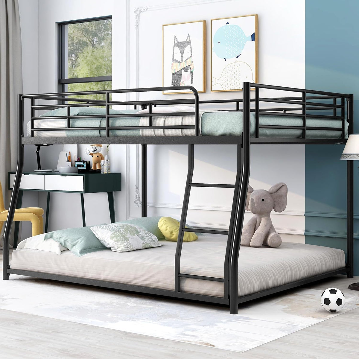 Full XL Over Queen Metal Floor Bunk Bed with Sloping Stairs and Safety Guardrails for Bedroom,Guest Rooms, No Box Spring Needed, Simple to Assemble,Black
