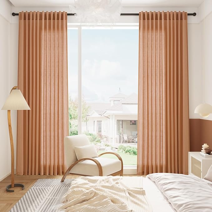 Nanspring Peach Quartz Linen Curtains 120 Inch Length 2 Panel Set Back Tab Loop