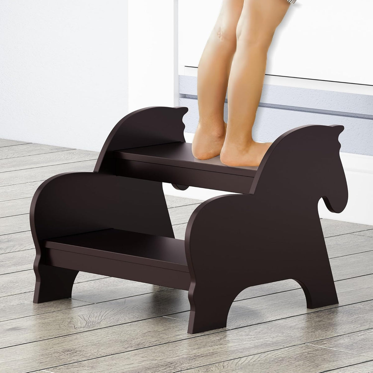 Wood Step Stools for Kids, Child Two Step Stool of Horse Shape, Toddler Step Stools Potty Training Stool, Easy to Move Safety for Kitchen, Bathroom, Bedroom, Toilet