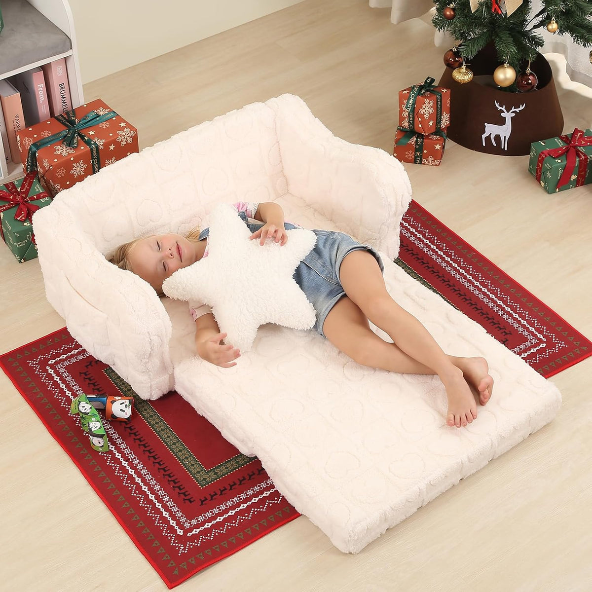 Extra Wider Seating Toddler Couch, 2-in-1 Toddler Soft Couch Fold Out with Star Pillow, Convertible Sofa to Lounger for Girls and Boys, Cream Heart