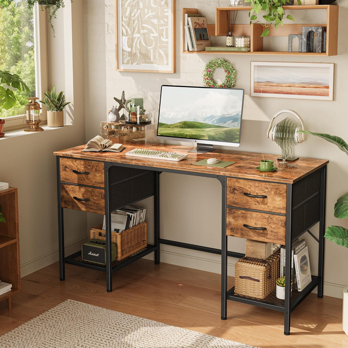 Huuger 55 Inch Computer Desk with 4 Drawers, Office Desk with Mesh Shelf, Gaming Desk, Large Storage, Writing Desk Work Desk for Home Office, Study, Bedroom, Work from Home, Rustic Brown