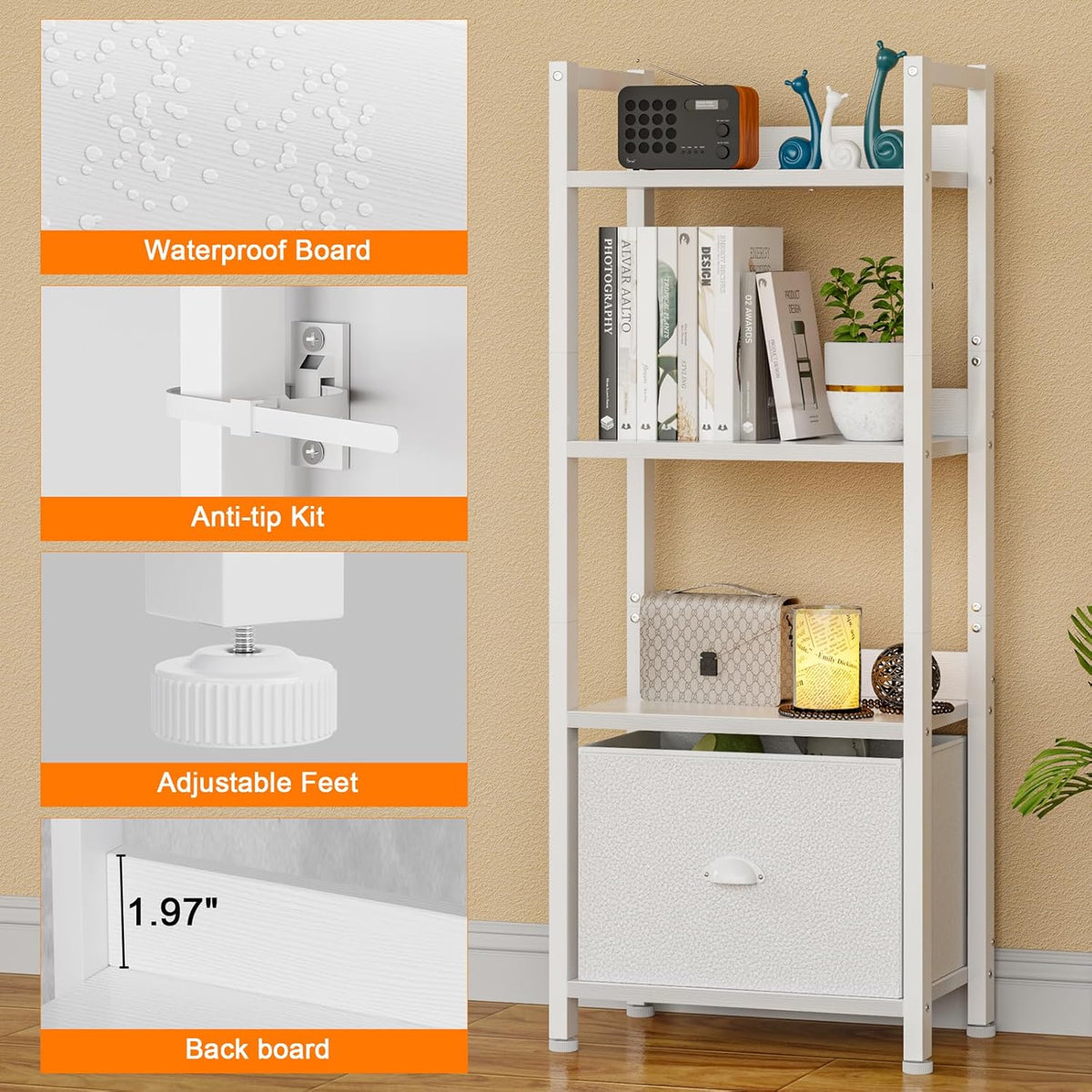 Furologee White 4 Tier Bookshelf with Drawer, Small Narrow Bookcase with Shelves, Modern Free Standing Shelf Unit, Wood and Metal Display Storage Shelves Organizer for Bedroom, Living Room, Entryway