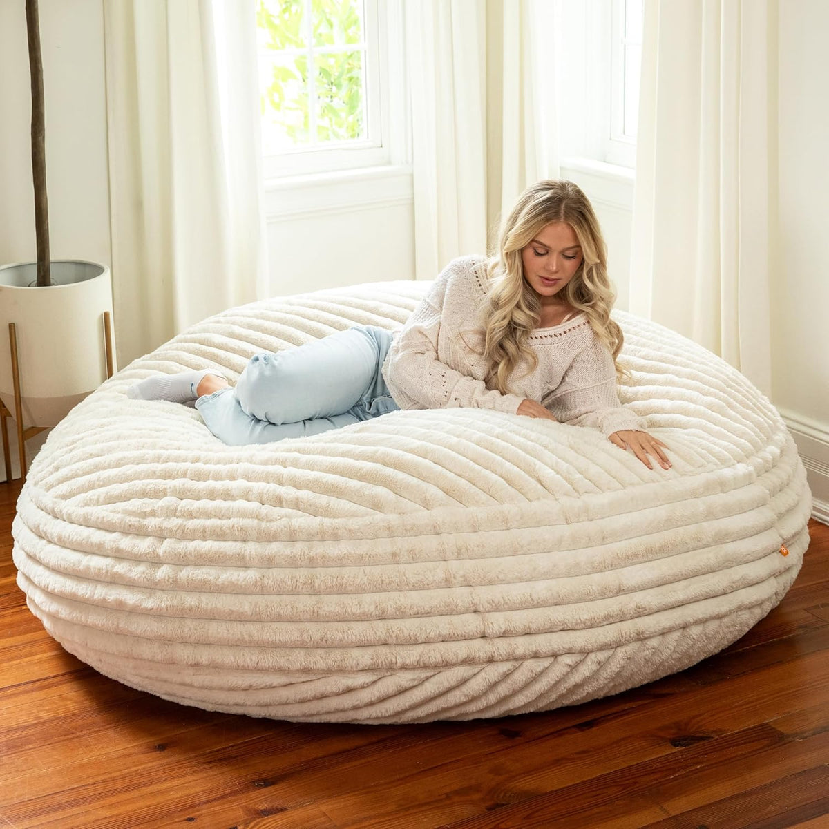 Jaxx 6 Foot Cocoon - 2-in-1 Convertible Bean Bag Bed & Large Bean Bag Chair for Adults, Premium Luxe Faux Fur - Mondo Ivory