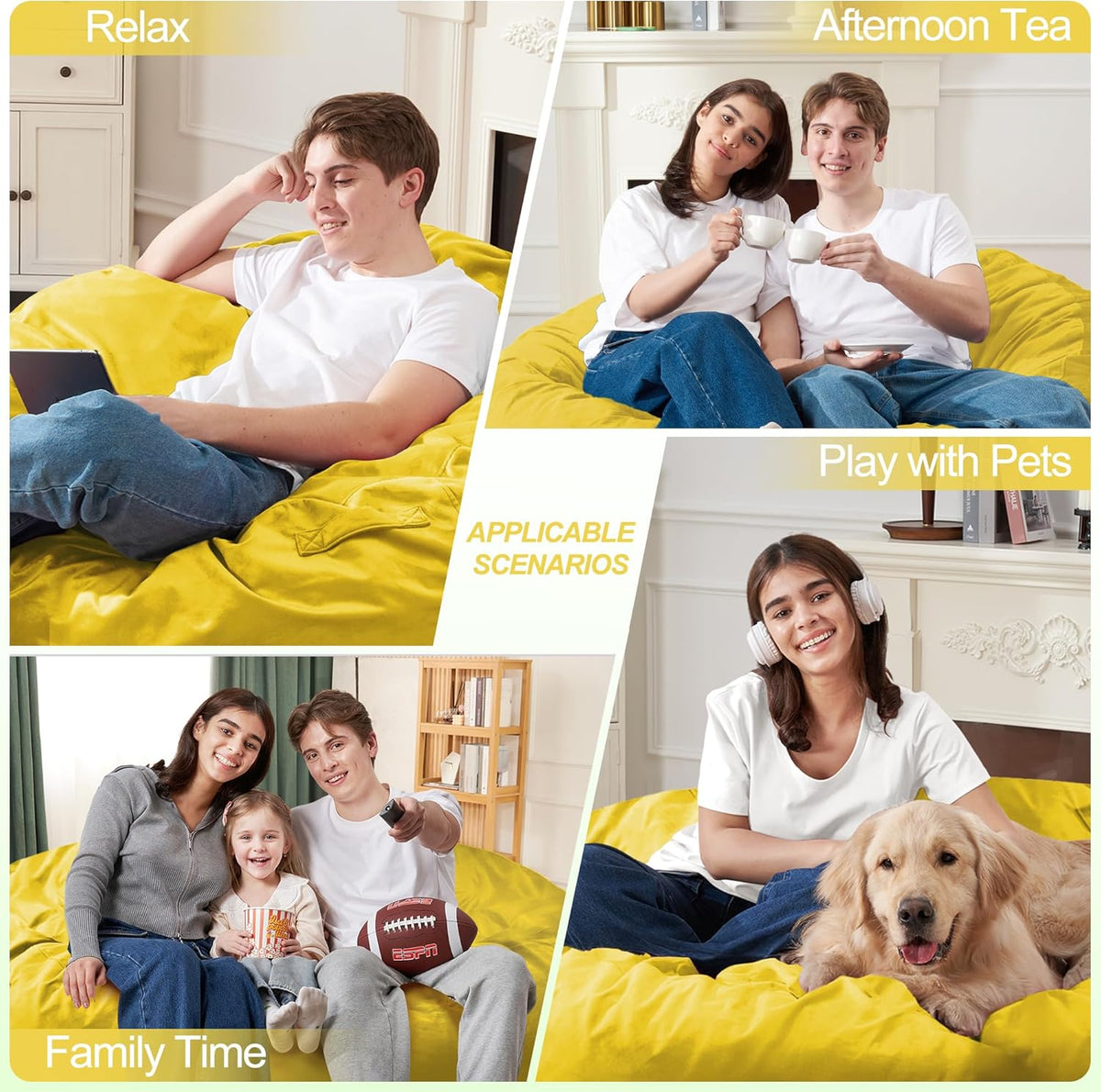 Homguava 3FT Bean Bag Chair: 3' Bean Bags with Memory Foam Filled, Large Beanbag Chairs Soft Sofa with Dutch Velvet Cover-Mustard