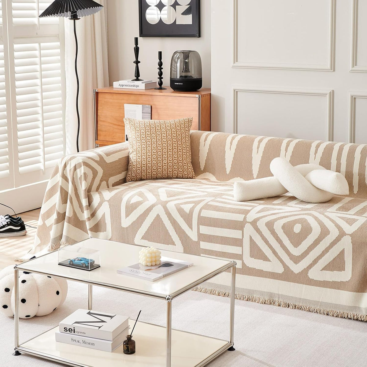 STACYPIK Reversible Khaki Beige Couch Cover Boho Couch Cover for Dogs with Tassels Anti-Slip Furniture Protector for 2 Cushion Couch Versatile Sofa Protector Washable Loveseat Cover Decor-71X90IN
