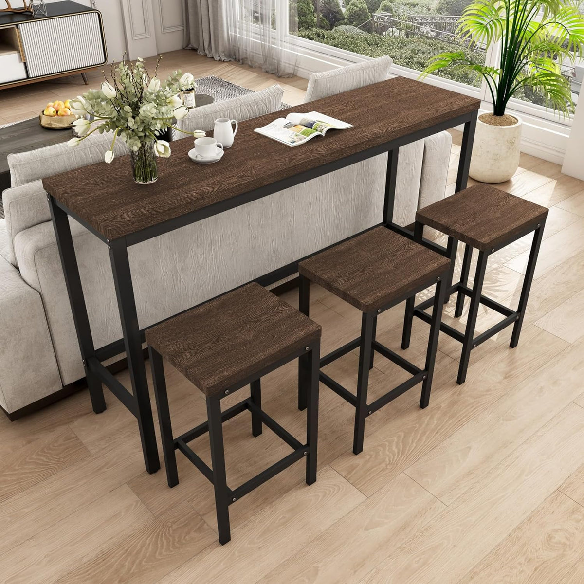 KEIKI 60.24” Long Bar High Top Dining Table and 3 Stools Chairs Set, Wood Behind Couch Sofa Counter Height Pub Furniture for Breakfast, Kitchen Living Party Room, Dark Brown