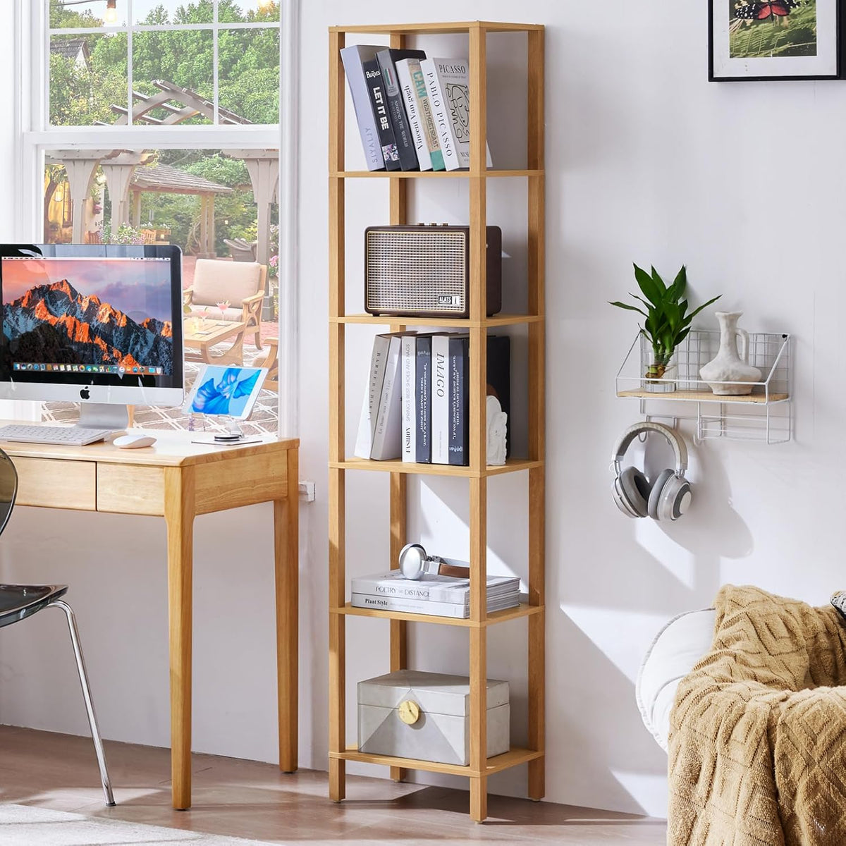 66in Tall Bookshelf 6-Tier Small Narrow Bookcase, Skinny Book Shelf for Small Space, Farmhouse Slim Shelf with Storage, Wood Freestanding Display Thin Bookshelves for Living Room, Natural