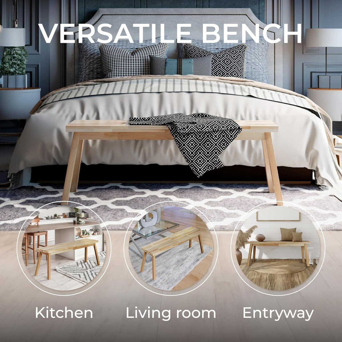Bench 100% Solid Acacia Wood, Backless, Wax Galvanized Finish, Easy Assembly, End Table Wooden Bench Furniture for Plant, Dining Room, Entryway, Indoor (47 inches)