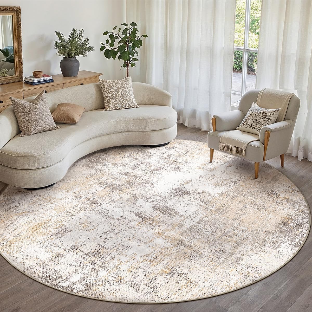 8x8 Washable Round Rug Beige Grey Neutral Abstract Living Room Bedroom Large Area Rug Non Slip Soft Low Pile Indoor Floor Carpet for Dining Room Kitchen Office Entryway