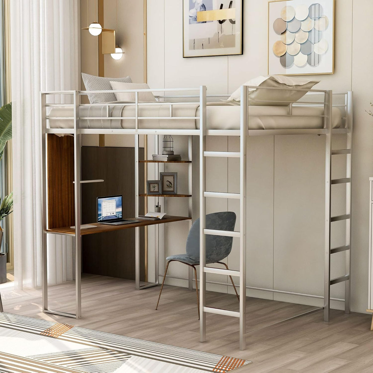 Full Size Metal Loft Bed with 2 Storage Shelves and 1 Desk,Steel Structure Bed Frame W/ 2 Build-in Ladders & Full-Length Guardrails,No Box Spring Needed,for Kids Teens Adults,Silver