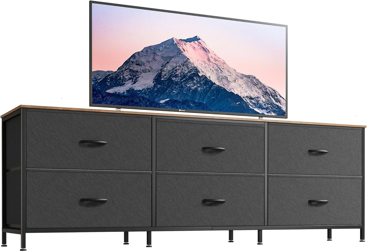 Huuger 63 Inch Long Dresser for Bedroom, Wide TV Stand for 55, 65, 70 Inch TV, 6 Drawer Dresser for Closet with Fabric Drawers, Storage Organizer for Bedroom, Entryway, Rustic Brown and Black
