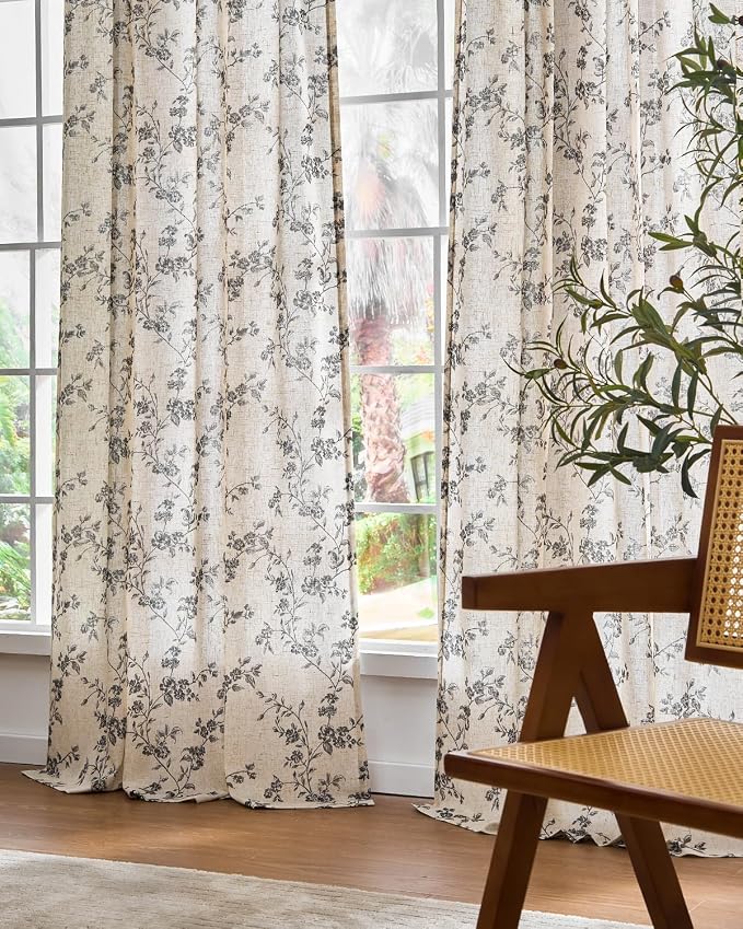 Lazzzy Farmhouse Linen Curtains Black Floral Curtains 90 Inch Length Back Tab