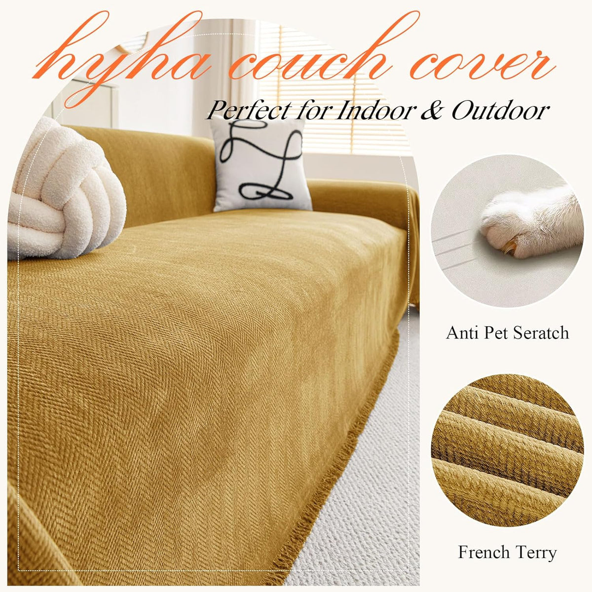 hyha Couch Cover for Dogs, Boho Sofa Covers for 3 Cushion Couch Washable, Chenille Sofa Slipcover for Pets, Soft Loveseat Sectional Couch Throw Blankets with Tassels (Yellow, 88.5x118 Inch)