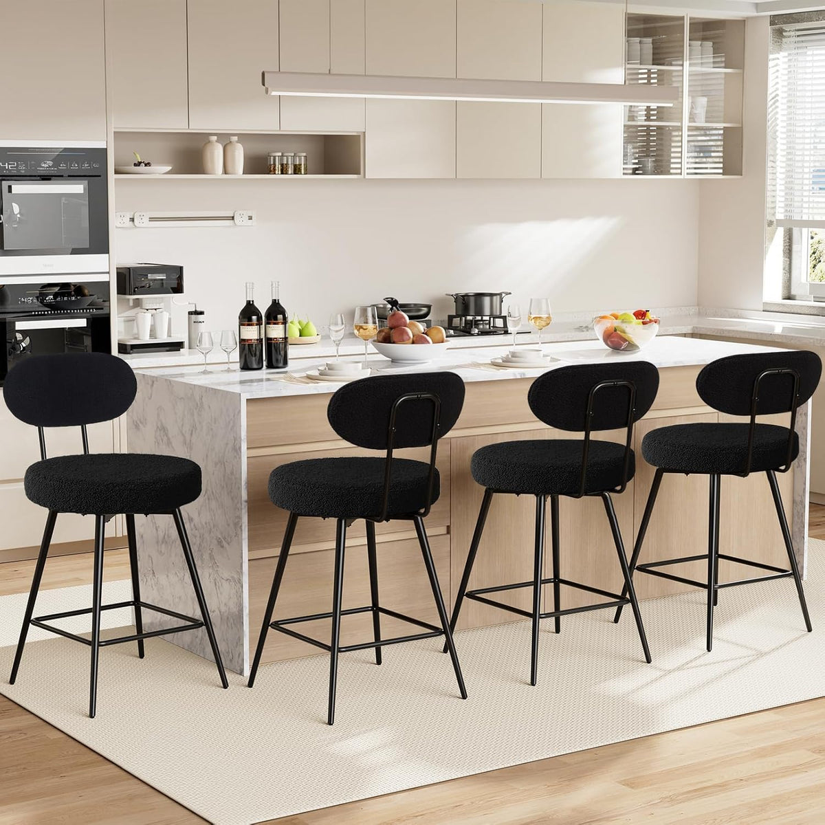 HOMMPA Counter Height Swivel Bar Stools Set of 4 Boucle Barstools 26'' Upholstered Modern Counter Barstools with Back Metal Legs Bar Stools Chairs for Kitchen Counter Island Black