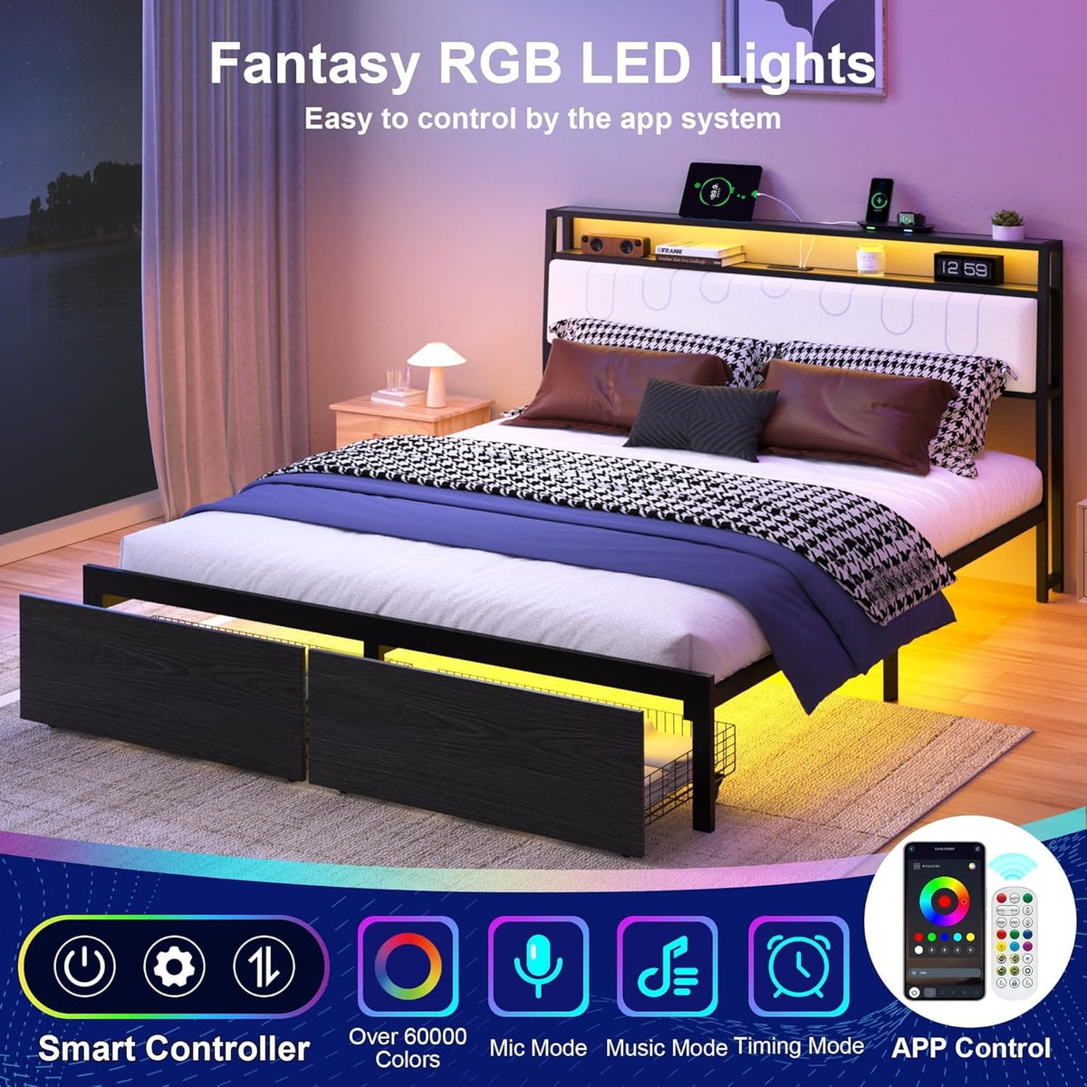 Queen Bed Frame with Storage Headboard, Metal Platform Bed Frame with LED Lights & Charging Station, Storage Drawers, Heavy Duty Metal Slats, No Box Spring Needed, Noise Free, Easy Assembly