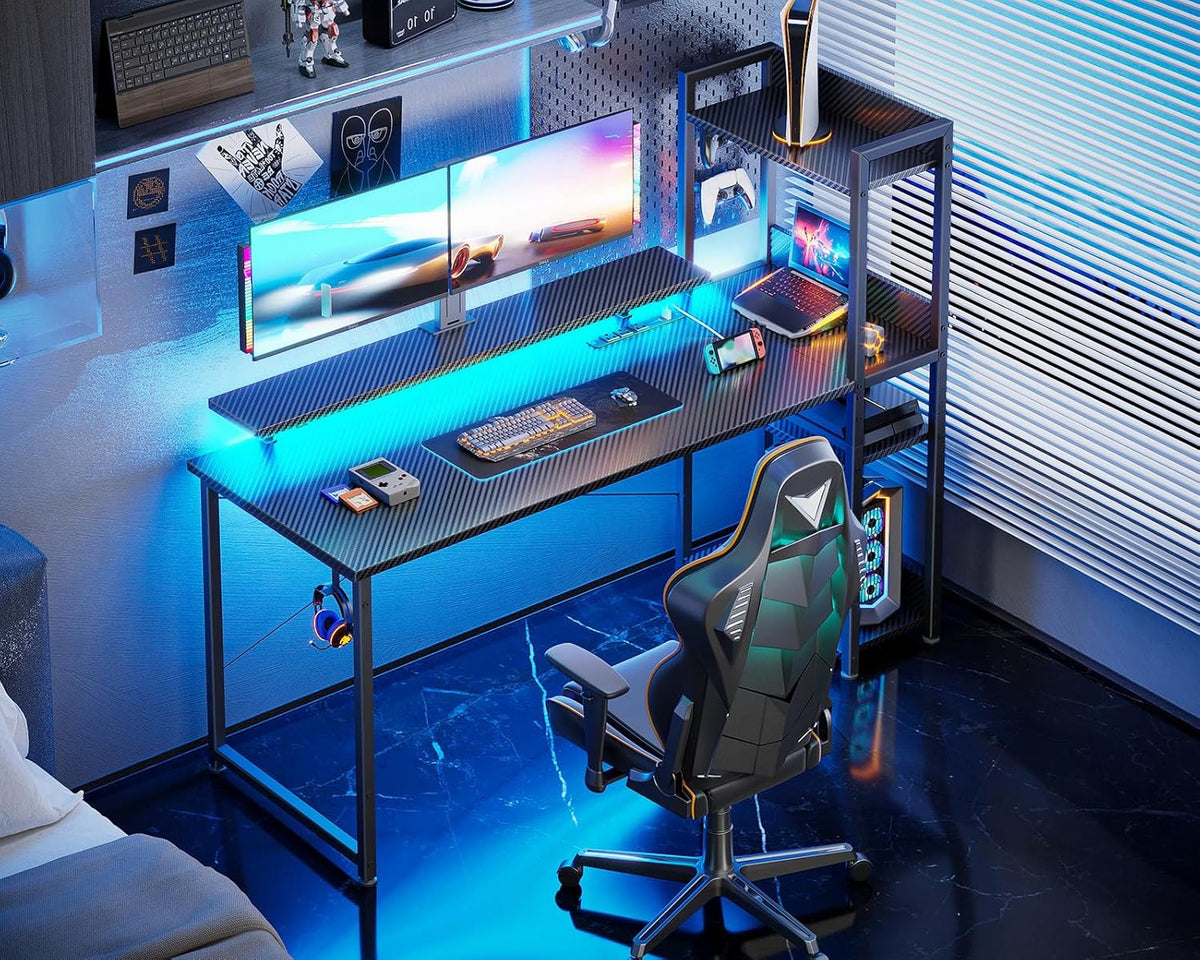 ODK Reversible 55 Inch Gaming Desk with USB Charging Port and LED Lights, Computer Desk with Storage Shelves and Monitor Stand, Study Table for Home Office, Morden Desk for Bedroom, Carbon Fiber Black