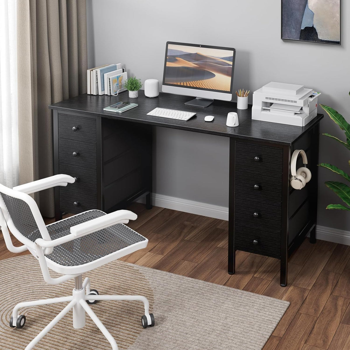 Black Gaming Desk with Fabric Drawers on Both Sides, 55 Inch Home Office Computer Study Writing Work PC Desk with 8 Storage Drawers Storage for Bedroom