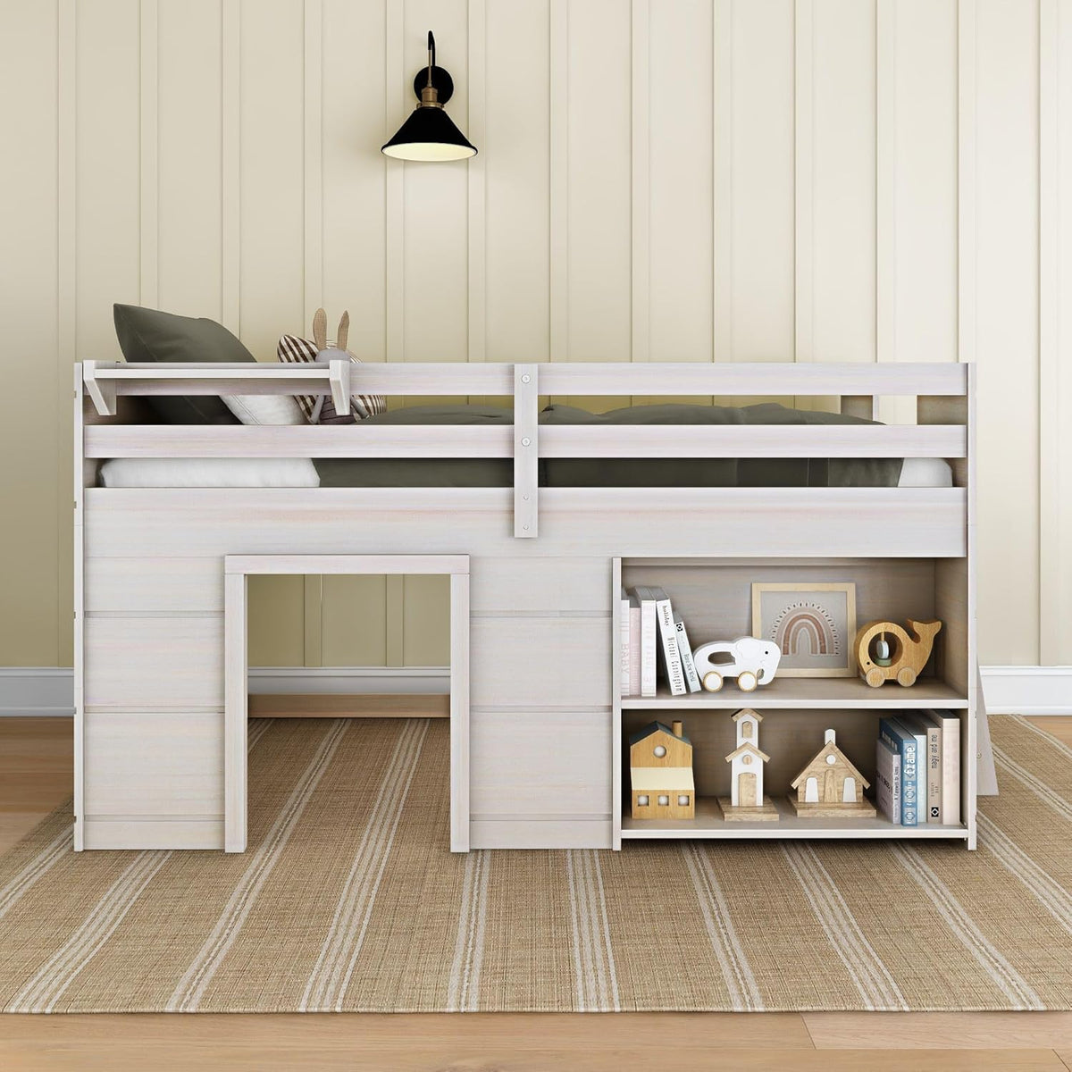 Max & Lily Modern Farmhouse Twin Low Loft Bed with Bookcase - Solid Wood, 15” Guardrails, 400-lb Capacity, Low-VOC Finish, White Wash
