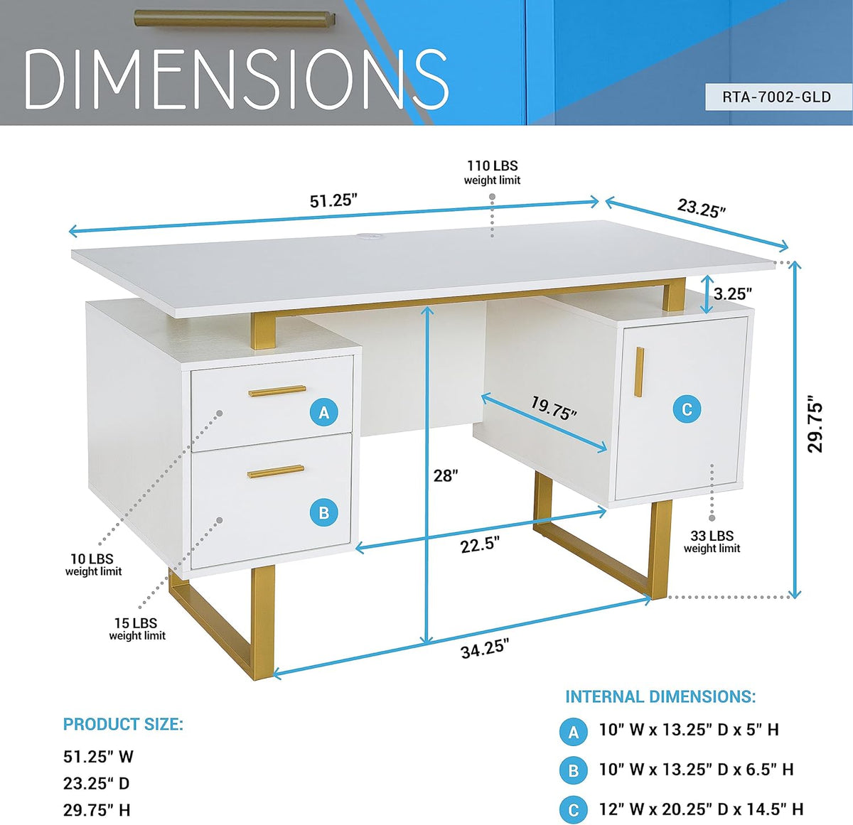 Techni Mobili Storage Drawers and Cabinet 51.25” W-Modern Office Large Floating Desktop Surface Desk, 23.6" D x 51.2" W x 29.8" H, White/Gold