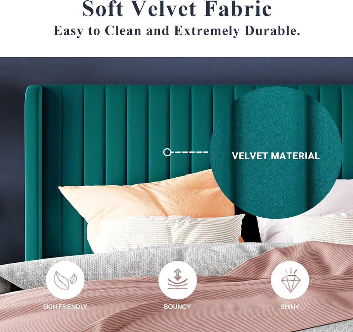 Allewie King Size Bed Frame/Velvet Upholstered Platform Bed/Vertical Channel Tufted Wingback Headboard/Strong Wooden Slats/No Box Spring Needed/Easy Assembly/Teal