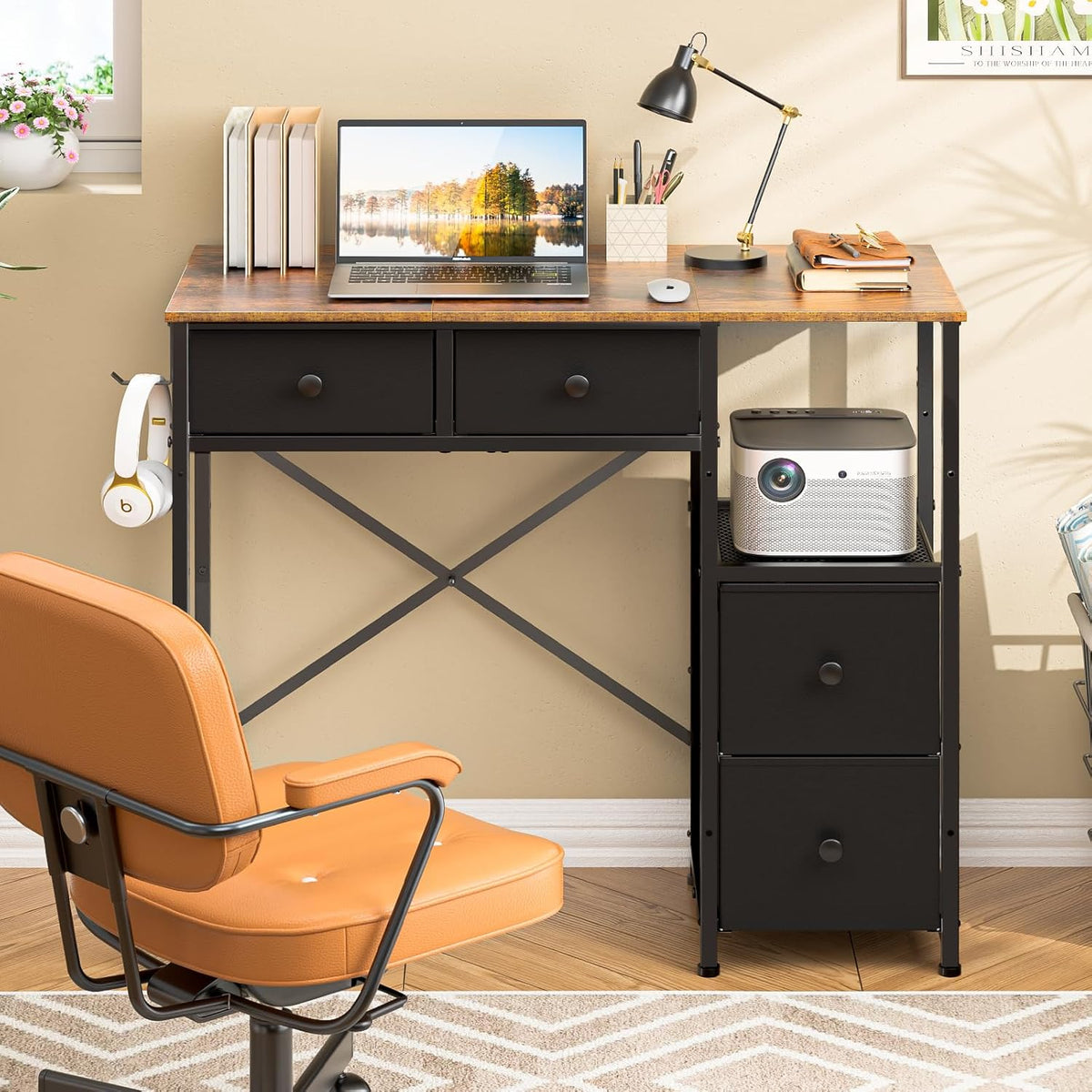 Small Computer Desk with 4 Fabric Drawers, Simple Writing Desk for Home Office, Compact Study Desks for Small Spaces, Kids Desk Study for Bedroom, Rustic Brown