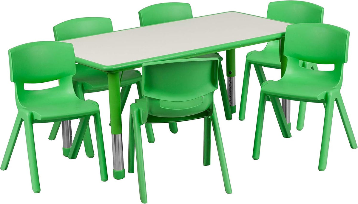 Flash Furniture Emmy Adjustable Classroom Activity Table with 6 Stackable Chairs, Plastic Activity Table for Kids, 23.625" W x 47.25" L, Green/Gray