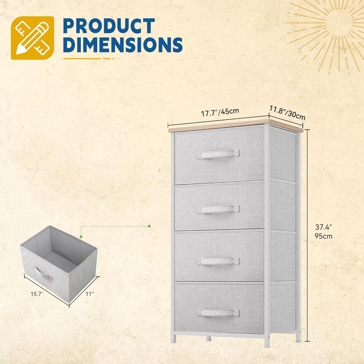 DWVO 4 Drawers Dresser, Dresser for Bedroom, Fabric Storage Tower, Chest of Drawers, Organizer Unit for Closets, Living Room