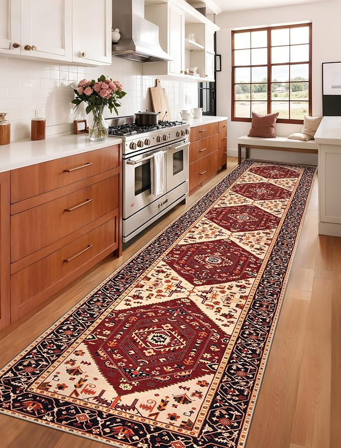 SERISSA Runner Rug for Hallways, Extra Long Boho Rug Ultra Soft Vintage Red