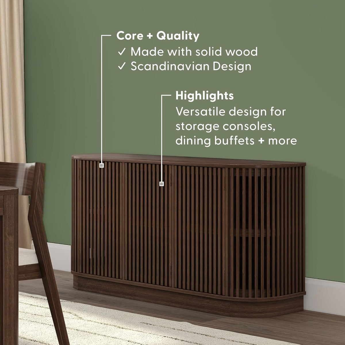 Plank+Beam Contour Wood TV Stand, Three Door Solid Wood Entertainment Console with Storage, 59" L x 16" W x 30" H, Walnut