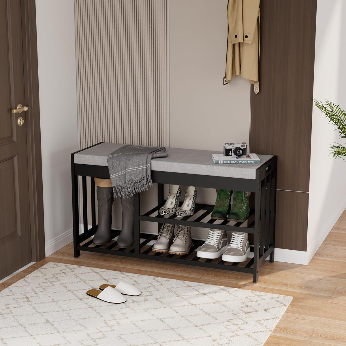 3-Tier Bamboo Shoe Rack Bench, Shoe Storage Organizer Bench, Entryway Benchs, Shoes Rack for Front Door Entrance, Entryway Bathroom Bedroom