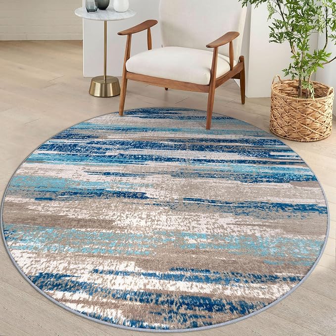 Lansny Modern Abstract Round Rug 5Ft, Circular Dining Room Rugs Thin Print Faux