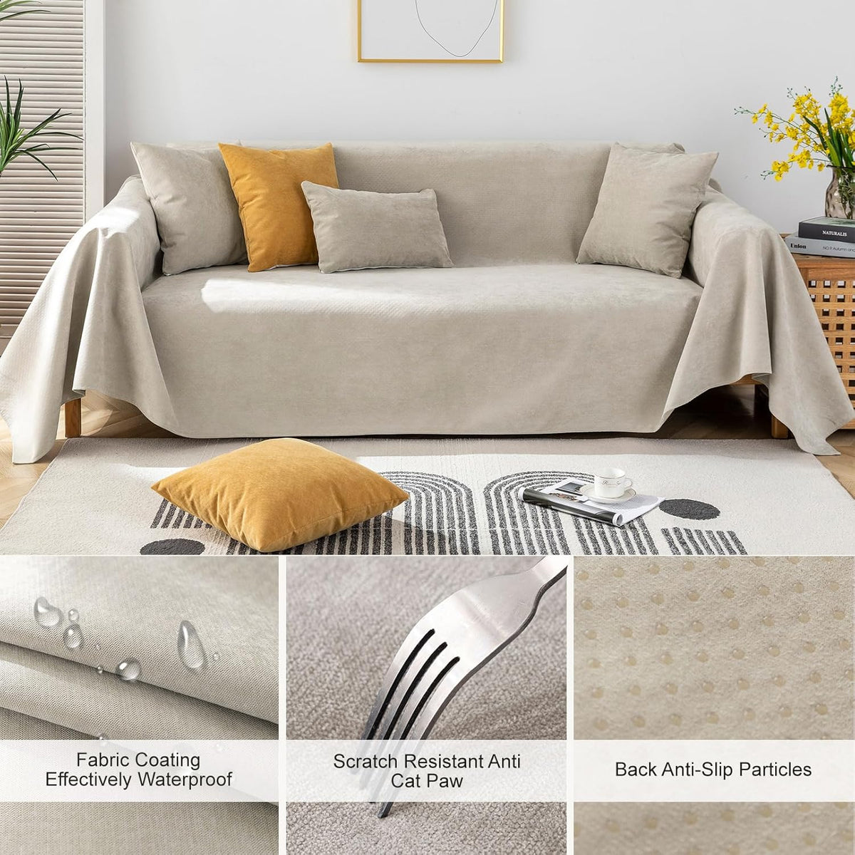 STACYPIK Waterproof Sofa Covers Durable Beige Sectional Couch Cover L Shape for Kids Dogs Pet Protector Non-Slip Sofa Slipcover for 3-4 Cushion Couch Multi-Use Leak-Proof Couch Cover-71X150IN