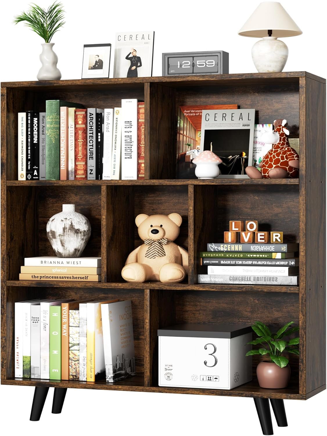 Shintenchi Cube Storage Organizer, 3 Tier Mid-Century Bookcase with Legs Cubeicals Retro Wood Organizer Storage Bookcase, Freestanding Open Book Shelves for Bedroom,Living Room,Office(Brown)