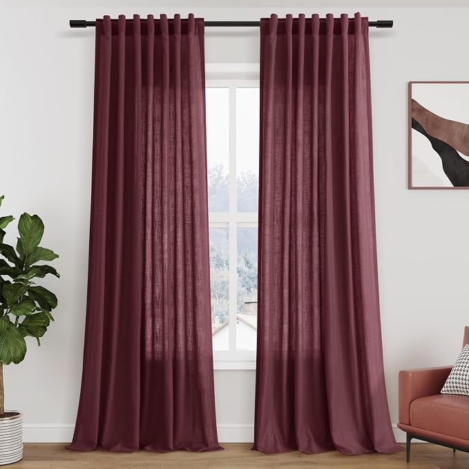 Burgundy Linen Curtains 90 Inch Long 2 Panels Set