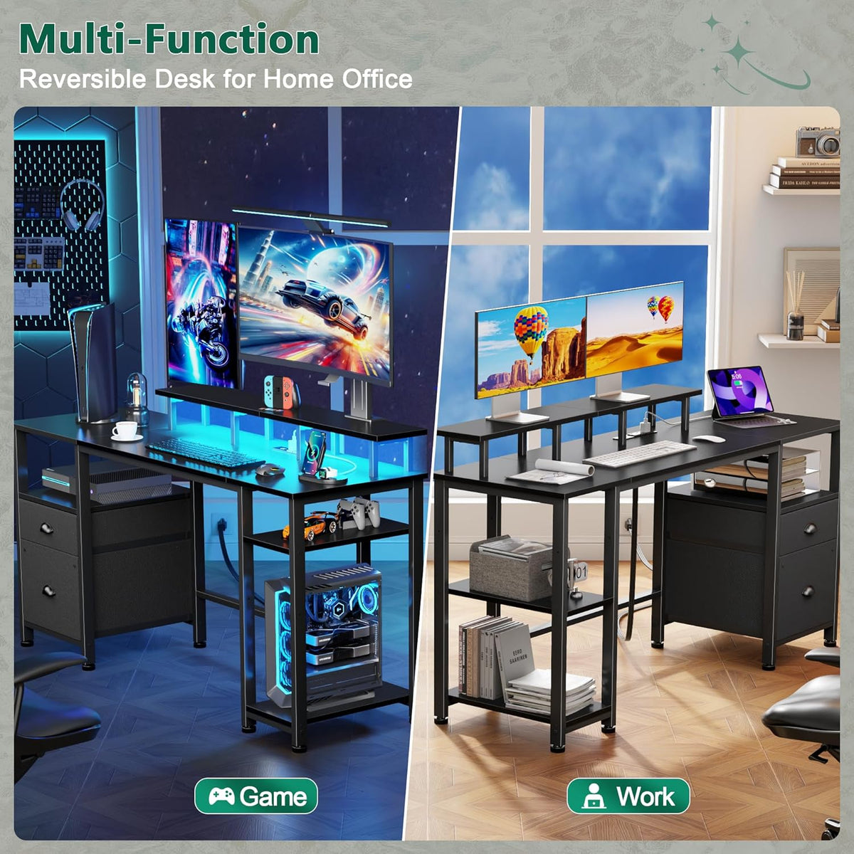 Furologee 51" Gaming Desk with Power Outlets & LED Lights, Reversible Computer Desk with File Cabinet & Monitor Stand for Home Office, Large Work Table with Storage Shelves & Drawer, Black