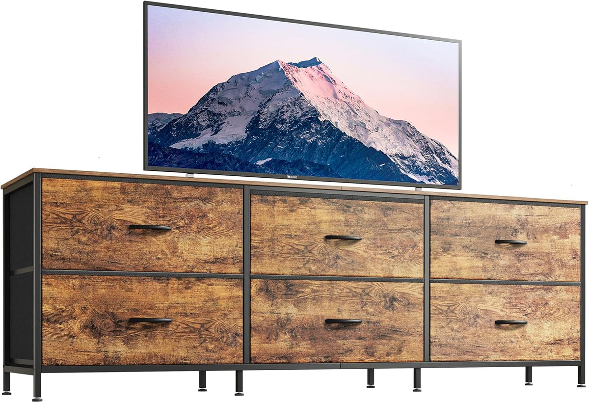 Huuger 63 Inch Long Dresser for Bedroom, Wide TV Stand for 55, 65, 70 Inch TV, 6 Drawer Dresser for Closet with Fabric Drawers, Storage Organizer for Bedroom, Entryway, Rustic Brown