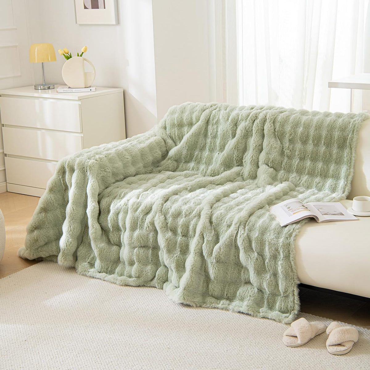 VM VOUGEMARKET Thick Faux Rabbit Fur Couch Cover 1-Piece Non-Slip Warm Soft Cozy Sofa Covers,Fluffy Plush Sofa Slipcover Furniture Protector for Kids,Pets(Green,71" x 118")