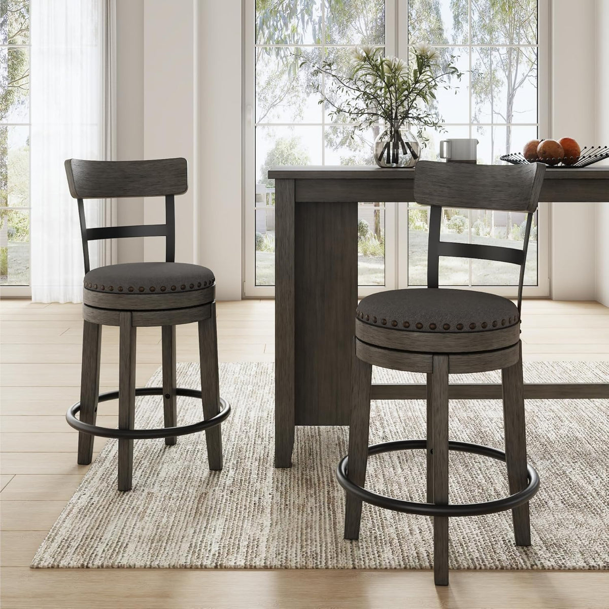 Signature Design by Ashley Caitbrook 24" Farmhouse Counter Height Upholstered Swivel Barstool, Gray