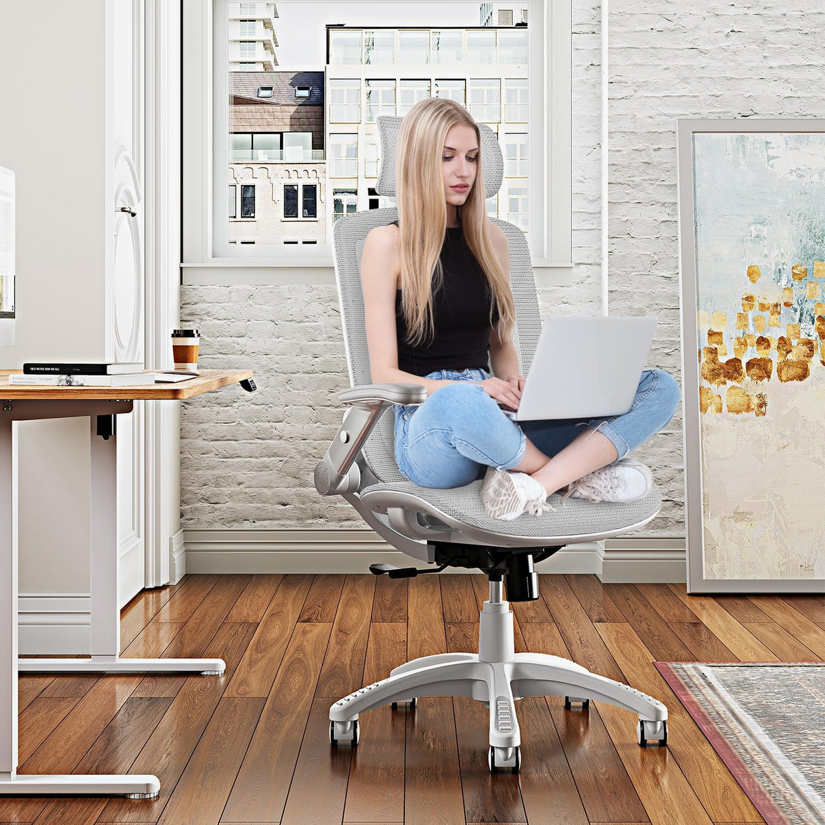 GABRYLLY Ergonomic Office Chair, High Back Home Desk Chair with Headrest, Flip-Up Arms, 90-120° Tilt Lock and Wide Cushion, 400LBS Mesh Chairs for Man Woman, White Task Chair(Grey,GY01WG)