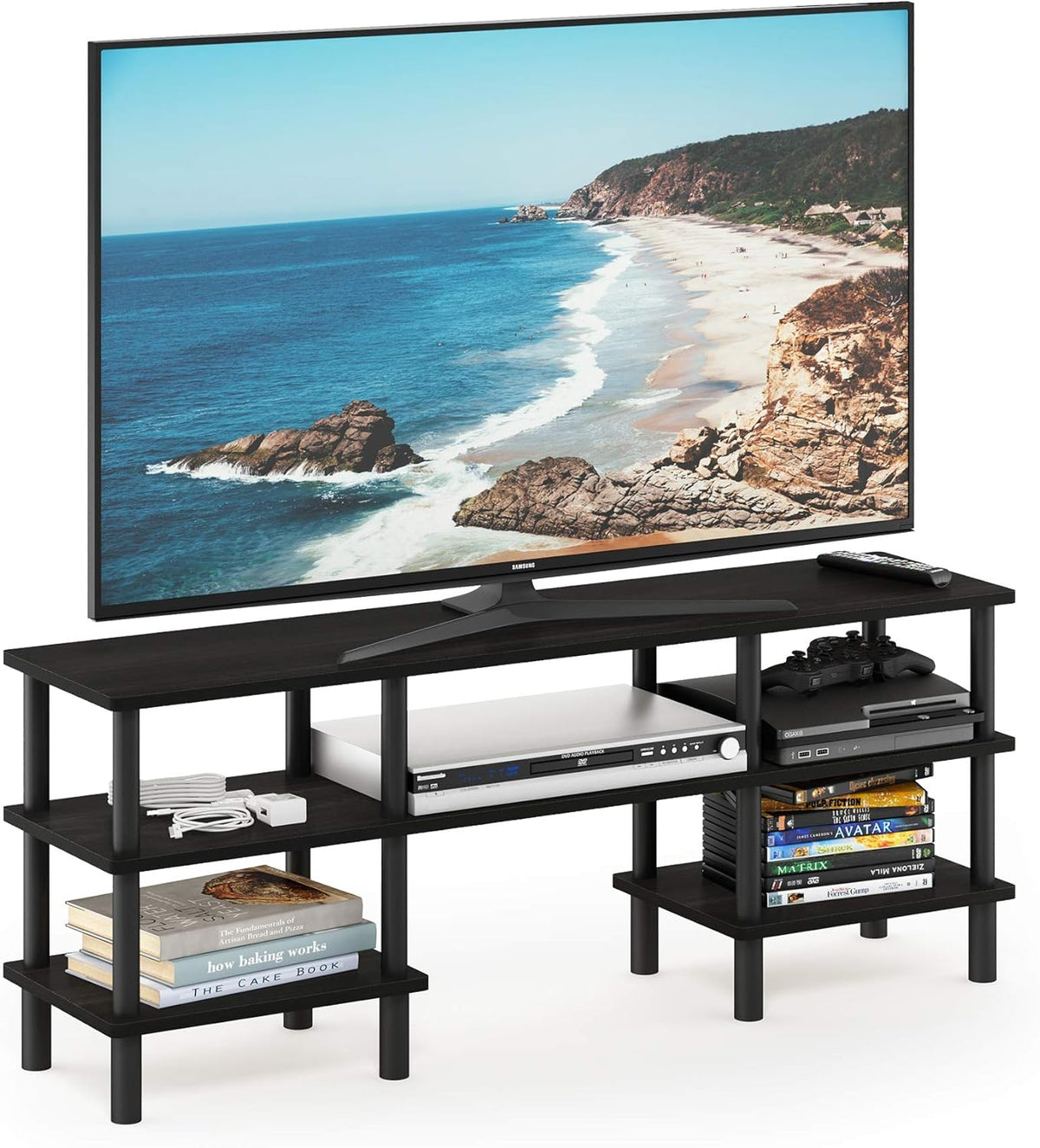 Furinno Turn-N-Tube 3-Tier Multipurpose Wide Shelf TV Stand, Espresso/Black