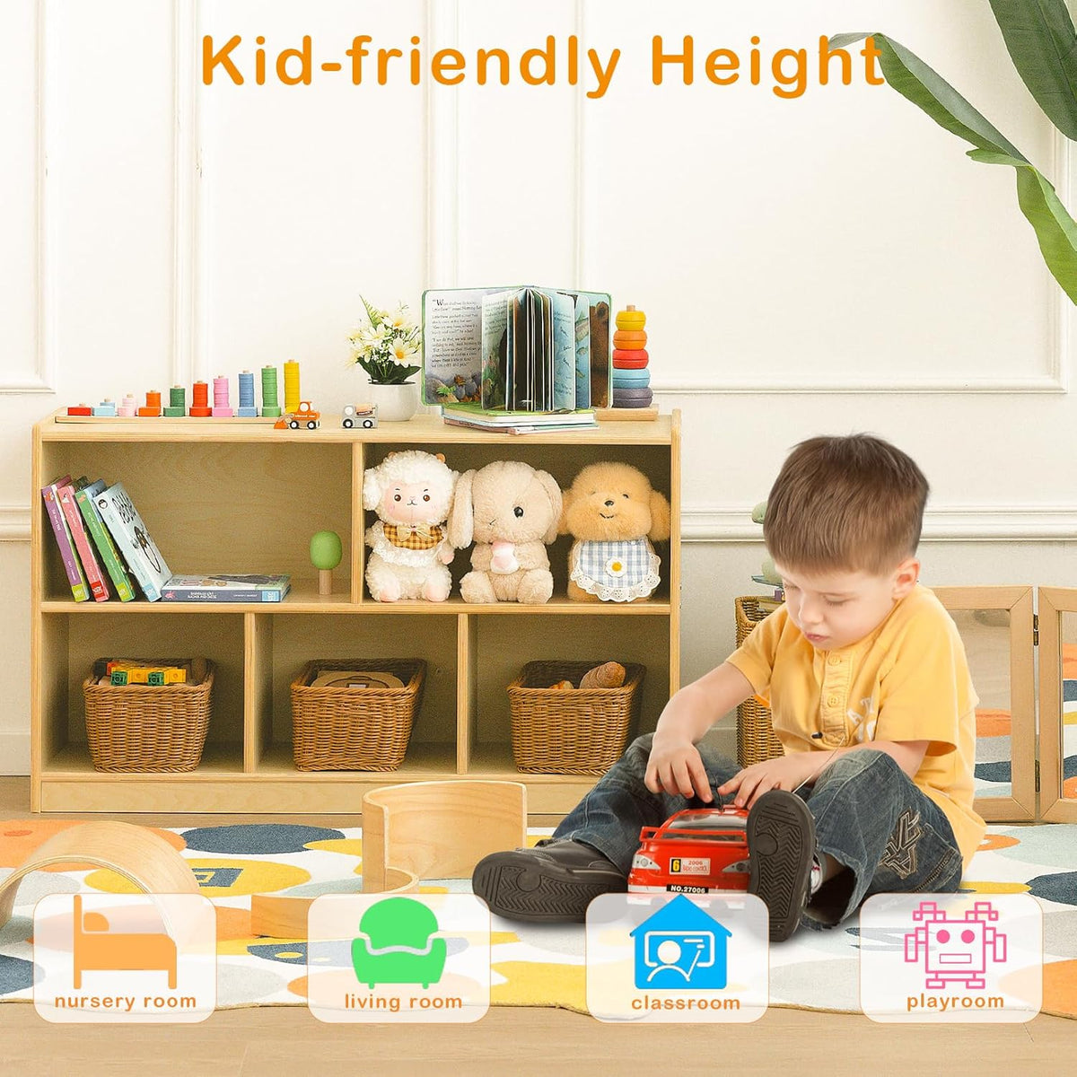 Kids Bookshelf and Toy Storage Shelf, Wooden Montessori Bookshelf, 2-Tier Toy Shelf with 5 Cubby, Classroom Furniture, Birch Children Bookcase, Book Shelf for Kids Room, Nursery, Playroom