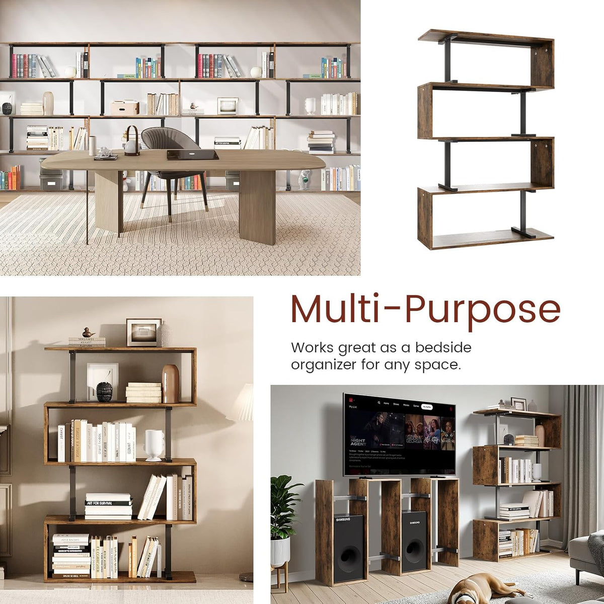 5-Tier Geometric Bookshelf, S Shaped Bookcase, 31.5" W x 58.3" H Wood Decorative Storage Shelving, Modern Freestanding Display Shelves, Tall Book Shelf Unit for Living Room Bedroom