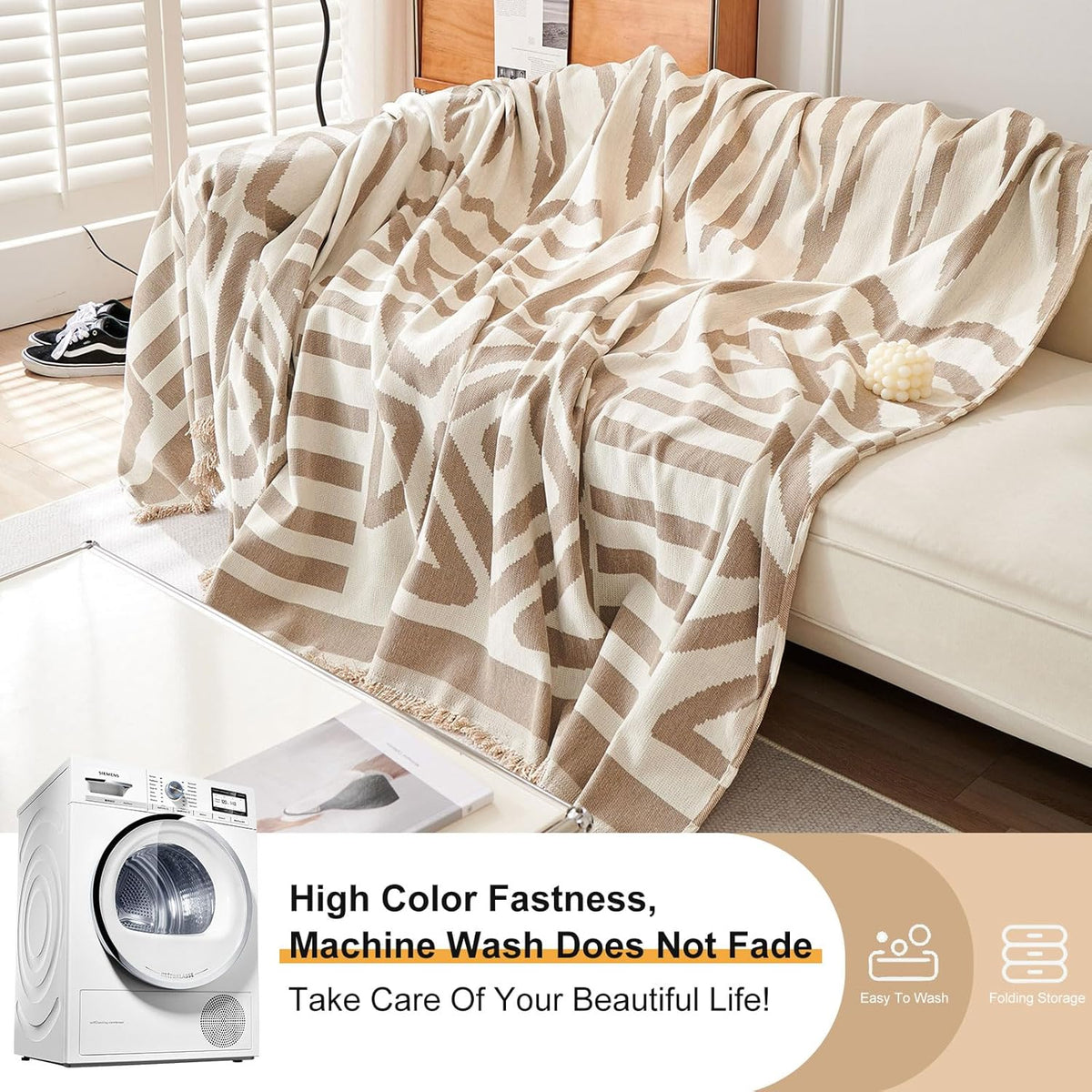 STACYPIK Thick Boho Sofa Cover Beige Khaki Triangle Plaid Couch Cover Skin Pet-Friendly Chenille Sofa Protector for 3 Cushion Couch Reversible Couch Cover Tassel Washable Sectional Sofa Cover-91X134IN