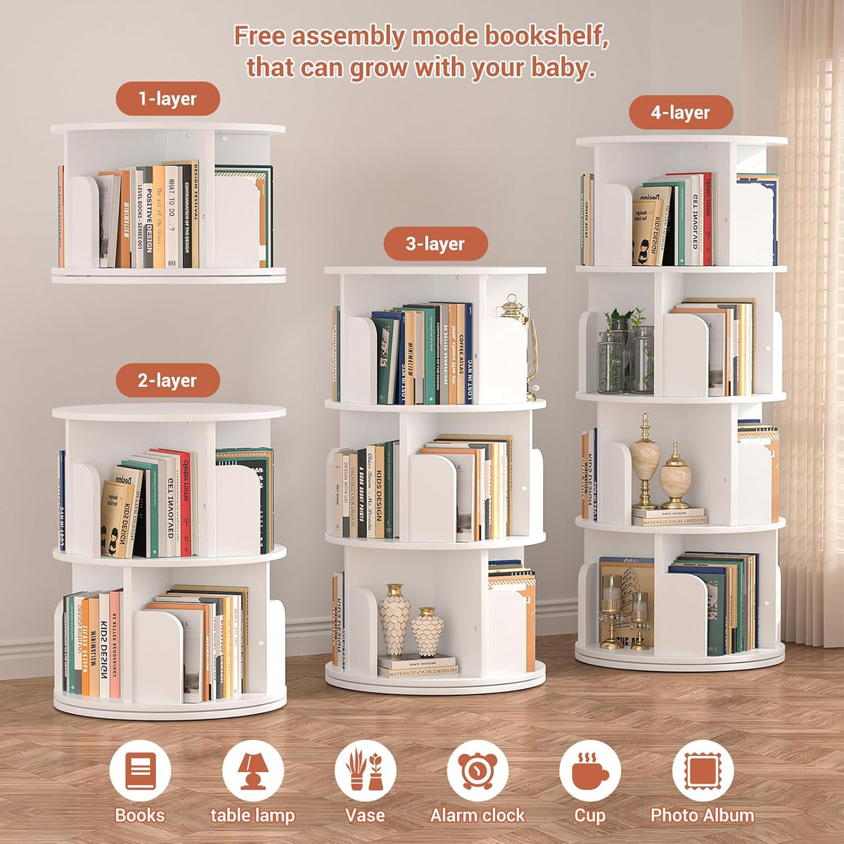 Rotating Bookshelf, Wood Corner Bookshelf, 360 Display Spinning Bookcase Storage Rack, 4 Tier Floor Standing Revolving Bookcase Narrow Book Shelf Organizer for Small Space, Bedroom, White